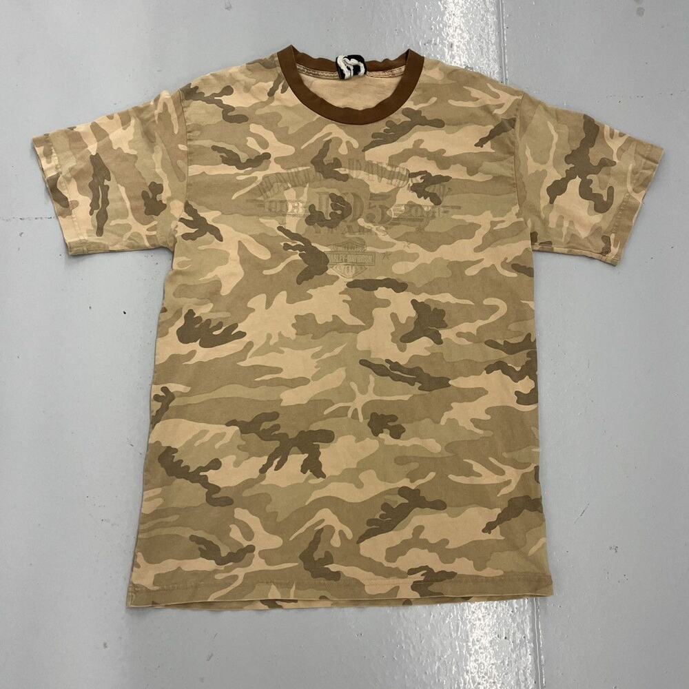 Vintage Y2k Harley Davidson Beige Camo Distressed T-Shirt